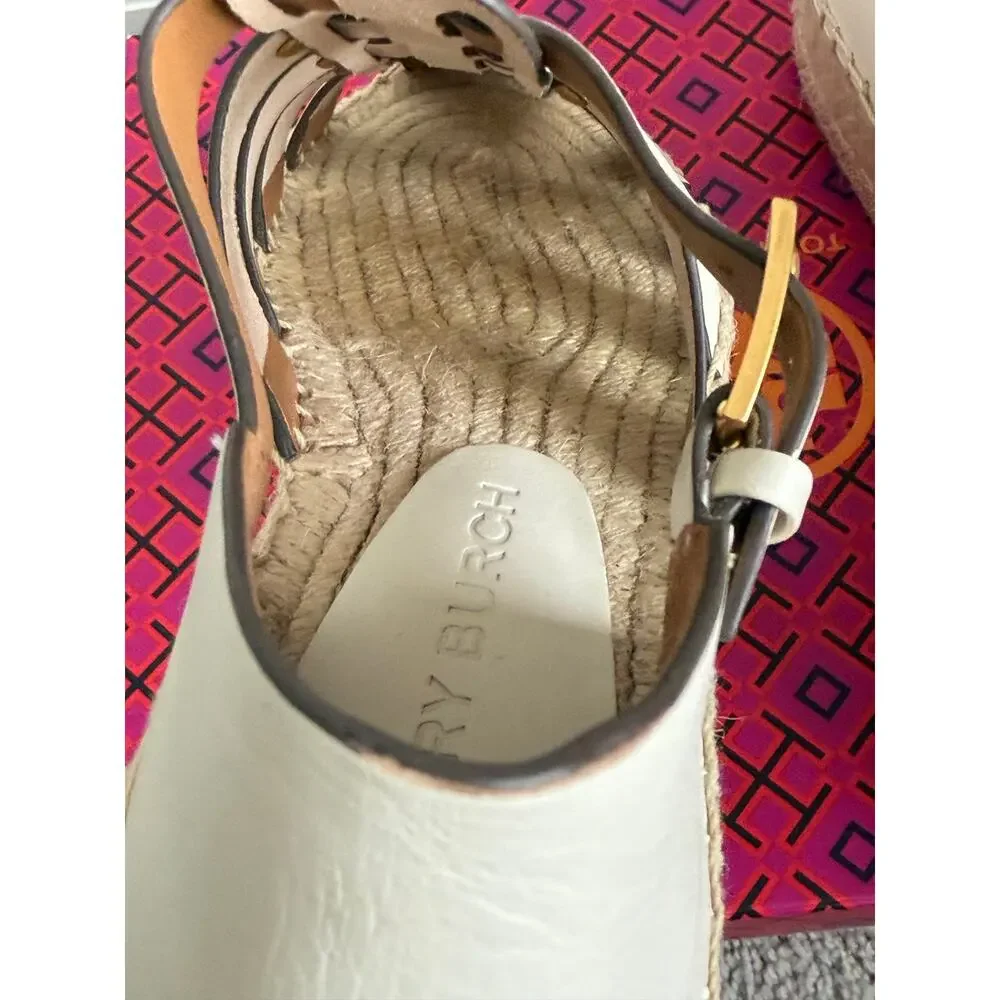 Tory Burch Vachetta Leather Fisherman Platform Espadrille Sandals Ivory US 9